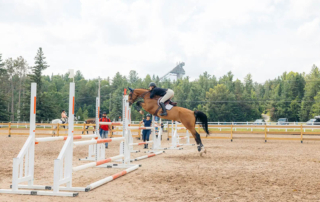 A horse and rider begin their jump over the bar